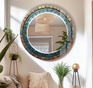 REHMAN CRAFT Turquoise & Antique Gold Mosaic Handmade LED <b>Round</b> <b>Wall</b> <b>Mirror</b> with MDF Wood & Bone Inlay - Product Image 4