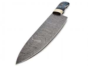 Couteau de chef artisanal en acier Damas avec manche en bois bleu et bolster en laiton pour trancher - Product Image 3