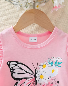 Customizable Brand Pink Girls 2Pcs Set Short Sleeve T Shirt Butterfly Print Elastic Waist Shorts Casual Summer Outfit - Product Image 4