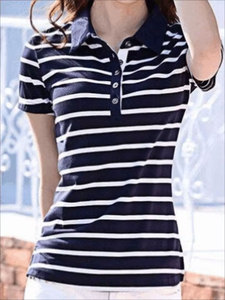 เสื้อยืดพิมพ์ลายทาง ปกพับได้ ทรงปกติ แขนสั้น สวมใส่สบาย สำหรับฤดูใบไม้ผลิและฤดูใบไม้ร่วง เสื้อผ้าผู้หญิง - Product Image 3