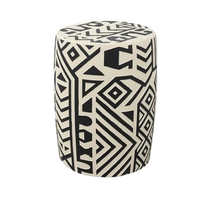 Taburete de lujo artesanal premium con incrustaciones geométricas en blanco y negro, mesa auxiliar redonda de tambor con nácar, venta al por mayor - Product Image 1