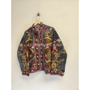 Chaqueta de Algodón Bordada para Mujer, Cuello Mandarín, Estampado Floral, Hecha a Mano, para Otoño, Manga Larga, Largo Regular - Product Image 2