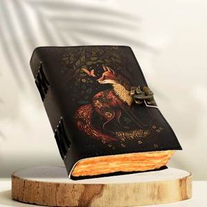 Diario de Cuero Genuino Rústico Premium con Estampado de Zorro, Libro de Papel Hecho a Mano con Borde Desflecado Vintage, Libro de Hechizos en Blanco - Product Image 1