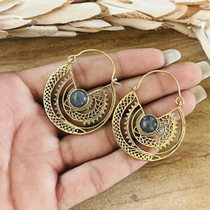 Nuevos Aretes de Aro Geométricos Boho, Joyería Tribal de Latón para Mujer, Acabado de Latón Antiguo, Labradorita Étnica, Venta al por Mayor/OEM/ODM - Product Image 4