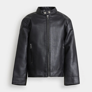 Men Minimal Black <b>Racer</b> Leather <b>Jacket</b> Stand Collar Double Snap Zip Pockets Motorcycle Street Fashion Private Label <b>Jackets</b> - Product Image 4