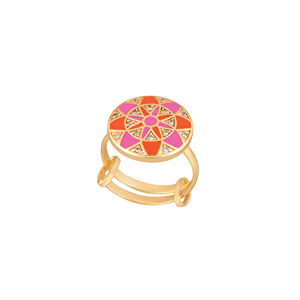 Women Gold Plated Adjustable Finger <b>Ring</b> with Pink Orange Enamel Flower Pattern and <b>Crystal</b> Stone Studded Fashion Jewelry Gift - Product Image 3
