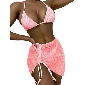 Maillot de bain d'été pour femme, ensemble bikini sexy 2 pièces, imprimé personnalisé, haut triangle dos nu et bas de bikini froncé à cordon - Product Image 1