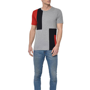 T-shirt à manches courtes pour homme, gris, rouge, noir, à blocs de couleur, col rond, décontracté, coupe régulière, tricoté, 100% coton, devant uni - Product Image 2