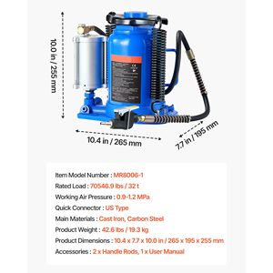 Martinetto Idraulico a Bottiglia Saldato per Carichi Pesanti, Capacità 32 Tonnellate (70546.9 Libbre), Intervallo di Sollevamento 10-16.3 Pollici, Pneumatico/Manuale per Auto - Product Image 4