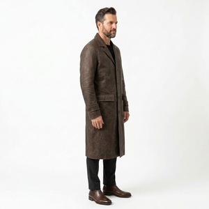 Men's Brown Genuine <b>Leather</b> <b>Trench</b> <b>Coat</b> <b>Long</b> Single Breasted Overcoat with Turn-down Collar - Product Image 3