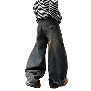 Mens Black Washed Distressed Wide Leg <b>Baggy</b> <b>Jeans</b> <b>Low</b> <b>Waist</b> Loose Fit Casual Streetwear Denim Pants Ripped Breathable Midweight - Product Image 2