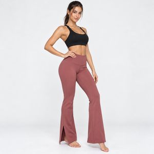 High Waist Flared Leg <b>Yoga</b> <b>Pants</b> Seamless Solid Color Full Length Elastic Waist Spandex Nylon Workout Trousers - Product Image 5