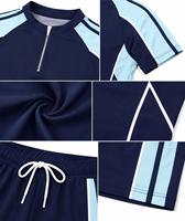 Ensemble de maillot de bain anti-UV à séchage rapide et écologique pour homme, bleu marine, manches longues, blocs de couleur, rayures bleu clair, cordon de serrage