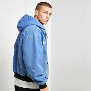 Sweat à capuche zippé intégral pour homme, en denim bleu tendance, effet usé, imprimé personnalisé, confortable, coupe oversize, style streetwear décontracté pour le quotidien - Product Image 4