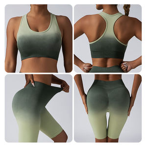Conjunto de Yoga con Degradado de Color, Top Corto Deportivo y Pantalones Cortos de Cintura Alta, 2 Piezas, Sin Costuras, Spandex, Poliéster, Elástico en 4 Direcciones - Product Image 6