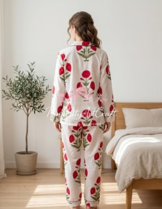 Luxury Women's Hand Block Printed Pure Cotton Summer Night <b>Suit</b> Set Elegant Full Sleeve Notch Collar Shirt Straight Fit <b>Pyjamas</b> - Product Image 4