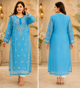 Kurta Droit Bleu Ciel Brodé Style Chikankari – Achetez Directement du Fournisseur - Product Image 6