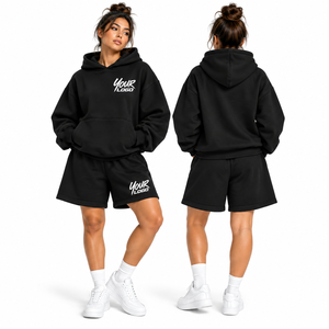 Nuevo Conjunto Deportivo de 2 Piezas para Mujer, Sudadera con Capucha y Pantalones Cortos Lisos, Calidad Terry, Tallas Grandes, Logotipo Personalizado - Product Image 1