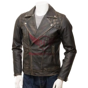 Veste en cuir véritable marron pour homme, asymétrique, avec fermeture éclair croisée, style motard, en cuir de vachette, épaules matelassées, vintage, personnalisée, classique - Product Image 5