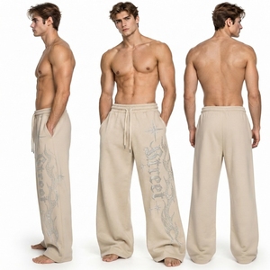 Pantalones de chándal de algodón con cordón en la cintura para hombre, de pierna ancha, de forro polar, informales, para invierno, oversize, con pedrería - Product Image 5