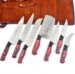 Ensemble de couteaux de cuisine en acier Damas, 7 pièces, couteaux de chef, manche en bois rouge, avec sac en cuir, vente en gros, fabricant OEM B2B - Product Image 4