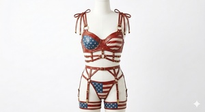 Ensemble de lingerie en cuir pour femme avec imprimé drapeau américain, détail nœud et soutien-gorge push-up - Product Image 1