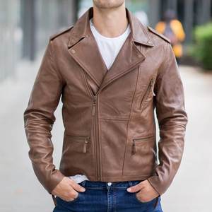 แจ็คเก็ตหนังสีน้ำตาลขายดีสำหรับผู้ชาย สไตล์วินเทจ แจ็คเก็ตสตรีทแวร์คุณภาพสูง แจ็คเก็ตฤดูหนาวสุดคลาสสิค พร้อมปักโลโก้ตามสั่ง - Product Image 1