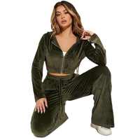 Ensemble de survêtement unisexe en velours 100 % coton de haute qualité avec sweat à capuche court et pantalon évasé, personnalisable avec logo, pour femme