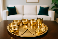 Ensemble de thali pour pooja traditionnel en laiton plaqué or et argent, fait main, de haute qualité, personnalisable, assiettes et bols pour la prière indienne Aarti