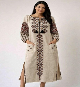 Women's <b>Formal</b> Summer Vintage Sweet Woven Embroidered Linen Maxi <b>Dress</b> O-Neck Loose Fit Ruffle Sleeve Party <b>Dress</b> - Product Image 1