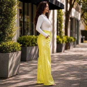 Pantalones anchos con estampado de cocodrilo amarillo, cintura alta, con cordón, ajuste holgado, longitud completa, color sólido, pantalones de mujer, estilo veraniego - Product Image 3