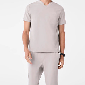 Haut de blouse médicale unisexe gris clair à col en V et manches courtes avec poche poitrine pour infirmière d'hôpital - Product Image 1