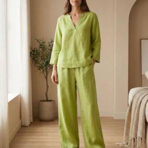 Custom Womens Linen Long Set – Breathable Long Sleeve V-Neck Top & Wide Leg Pants Casual Homewear Outfit - Product Image 5
