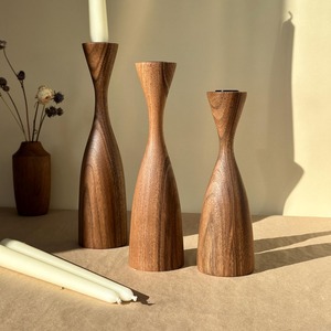 Elegant Turned Wood Candlestick Holder Set Featuring Three Flared Design Pieces Holding Tall <b>Taper</b> <b>Candles</b> For Rustic Home Decor - Product Image 4