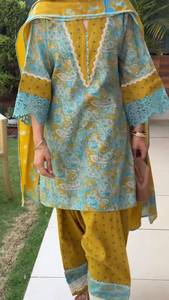 Yellow <b>Blue</b> <b>Lace</b> Woven Printed Women Salwar Kameez Set Long <b>Top</b> Wide Leg Pants Shawl Pakistani Outfit - Product Image 2