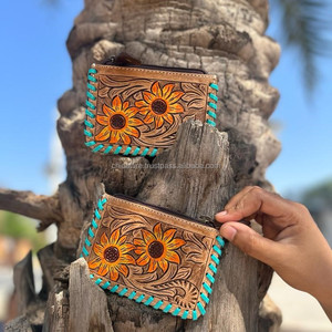 Nouveau véritable fabriqué à la main marron en cuir outillé porte-monnaie Rectangle porte-carte de crédit étui mignon petite pièce carte étuis à fermeture éclair - Product Image 2