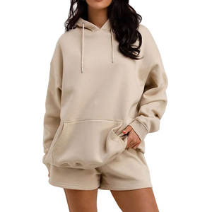 Conjunto de Sudadera con Capucha y Pantalones Cortos de Felpa de Algodón de 2 Piezas para Mujer, con Logotipo Personalizado Bordado, Estilo Casual, Transpirable, de Secado Rápido y Ecológico - Product Image 1