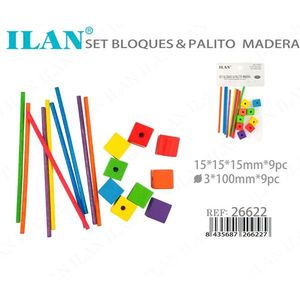 Blocchi e bastoncini in legno ILAN 15x15x15mm 9 pezzi 3x100mm 9 pezzi per costruzioni e gioco per bambini - Product Image 3
