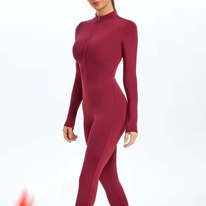 Mono de mujer con cuello polo y cremallera, cintura alta, ajuste ceñido, largo completo, color liso, para yoga y gimnasio, de Spandex y Poliéster, alta elasticidad - Product Image 4