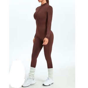 Combinaison gainante taille haute à manches longues unie avec fermeture éclair sur le devant pour femme, effet ventre plat, idéale pour le yoga - Product Image 2