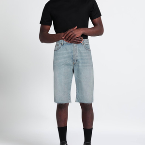 High Demand Men's Street Style Straight Denim Shorts Solid Color Knitted Fabric Men's Workout Denim Shorts - Product Image 2