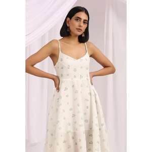 ชุดเดรสยาวปานกลางพิมพ์ลายสีครีมสำหรับผู้หญิง สายเดี่ยวแบบสปาเก็ตตี้ ชุดลำลองสำหรับฤดูร้อน - Product Image 3