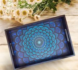 Plateau de service décoratif en bois, fait main, en bois de manguier, avec poignées découpées, plateau de service décoratif, plateau de service pour desserts - Product Image 3