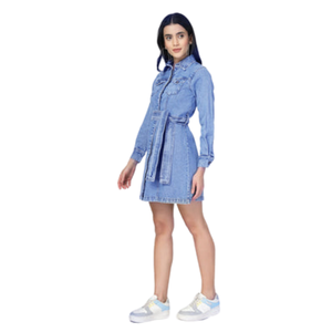 Vestido Camisero de Mezclilla para Mujer con Cinturón, Ropa Casual de Algodón, Fabricación OEM/ODM, Suministro al por Mayor - Product Image 4