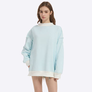 Women's Winter Light Blue Oversized Mock Neck Sweatshirt Contrast White Collar Cuffs Premium Textured Fleece Long Sleeve Front - Product Image 1