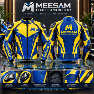 Blouson de moto en cuir perforé bleu respirant coupe-vent avec protection renforcée - Product Image 2