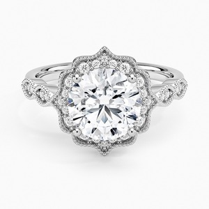 Anillo de Compromiso Vintage con Forma de Flor y Diamantes en Oro Blanco con Engaste Pavé y Corte Brillante Redondo para Mujer - Product Image 1
