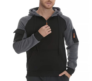 Sweat-shirt à capuche pour homme, demi-zip, manches raglan, couleur unie, polaire, décontracté, pour l'automne, coupe classique, beige, noir - Product Image 4