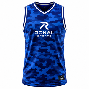 เสื้อบาสเก็ตบอลแขนกุดผู้ชาย RONAL SPORTS สีน้ำเงินลายพราง คอวี ผ้าโพลีเอสเตอร์ซับเหงื่อ คุณภาพดีที่สุด - Product Image 1