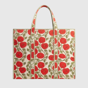Bolso Tote de Algodón Estilo Bohemio con Estampado de Amapolas Rojas, Forro a Rayas, Parte Superior Abierta, para Compras, para Todas las Temporadas - Product Image 1